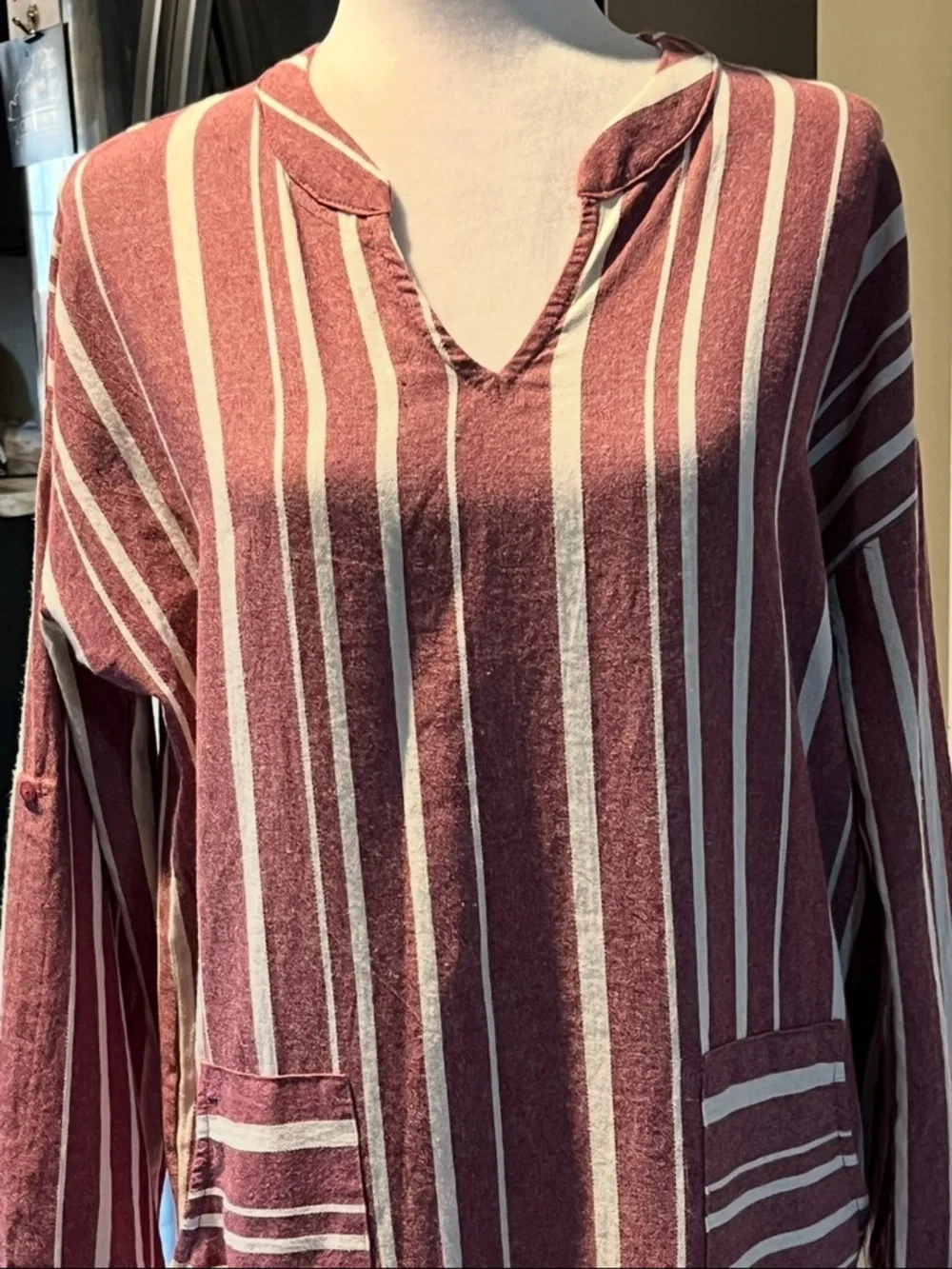 NWT entro Burgundy and Cream Stripe Maxi Capri Dress Roll Sleeves 100% Cotton S - Picture 2 of 15